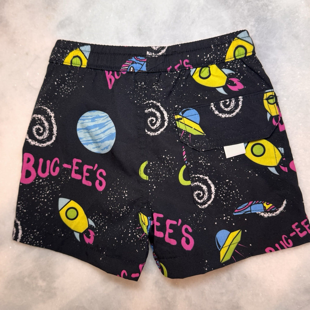 Buc-ee's Baby Boys Swim Trunks 12-18M Black Space Galaxy Beaver UFO Rocket 12-18
