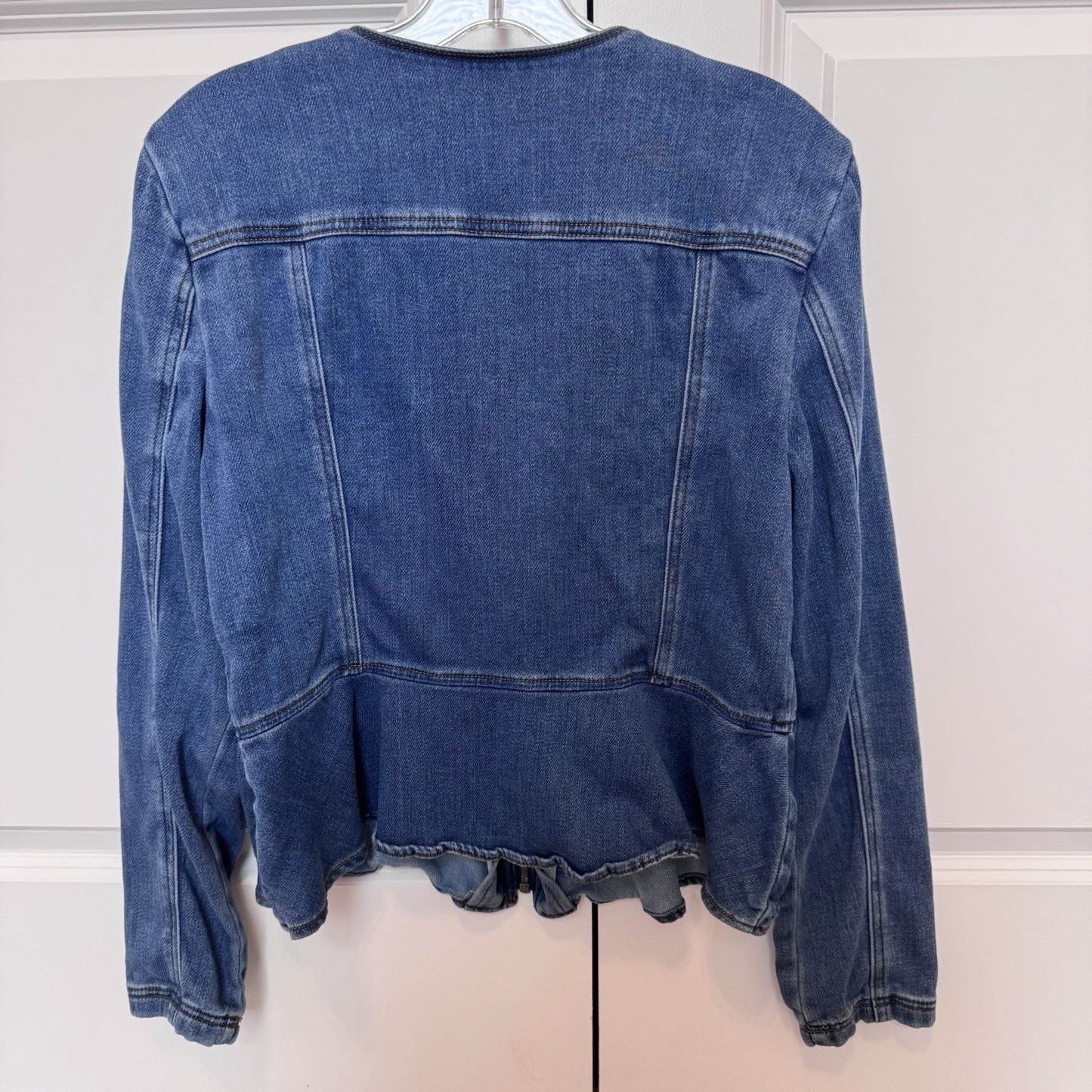 WHBM Womens Denim Zip Front Jacket Size 12 Blue Stretch Jean Jacket 