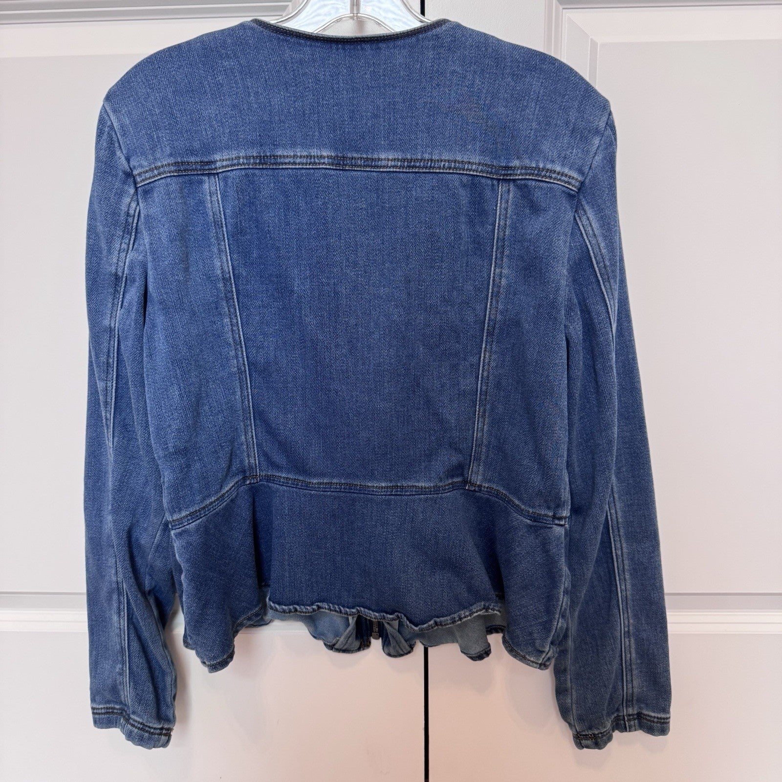WHBM Womens Denim Zip Front Jacket Size 12 Blue Stretch Jean Jacket 