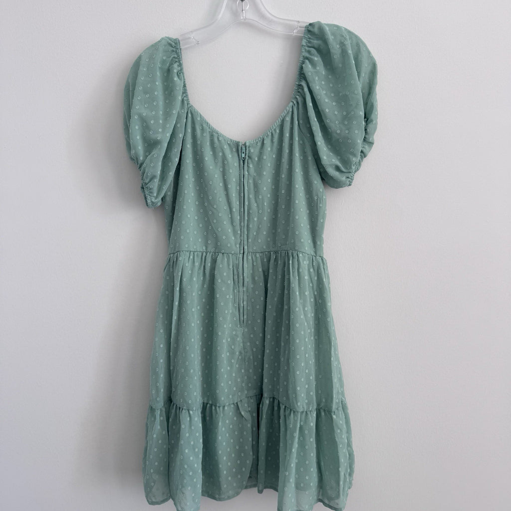 Trixxi Womens S Sage Green Swiss Dot Puff Sleeve Mini Dress NWT