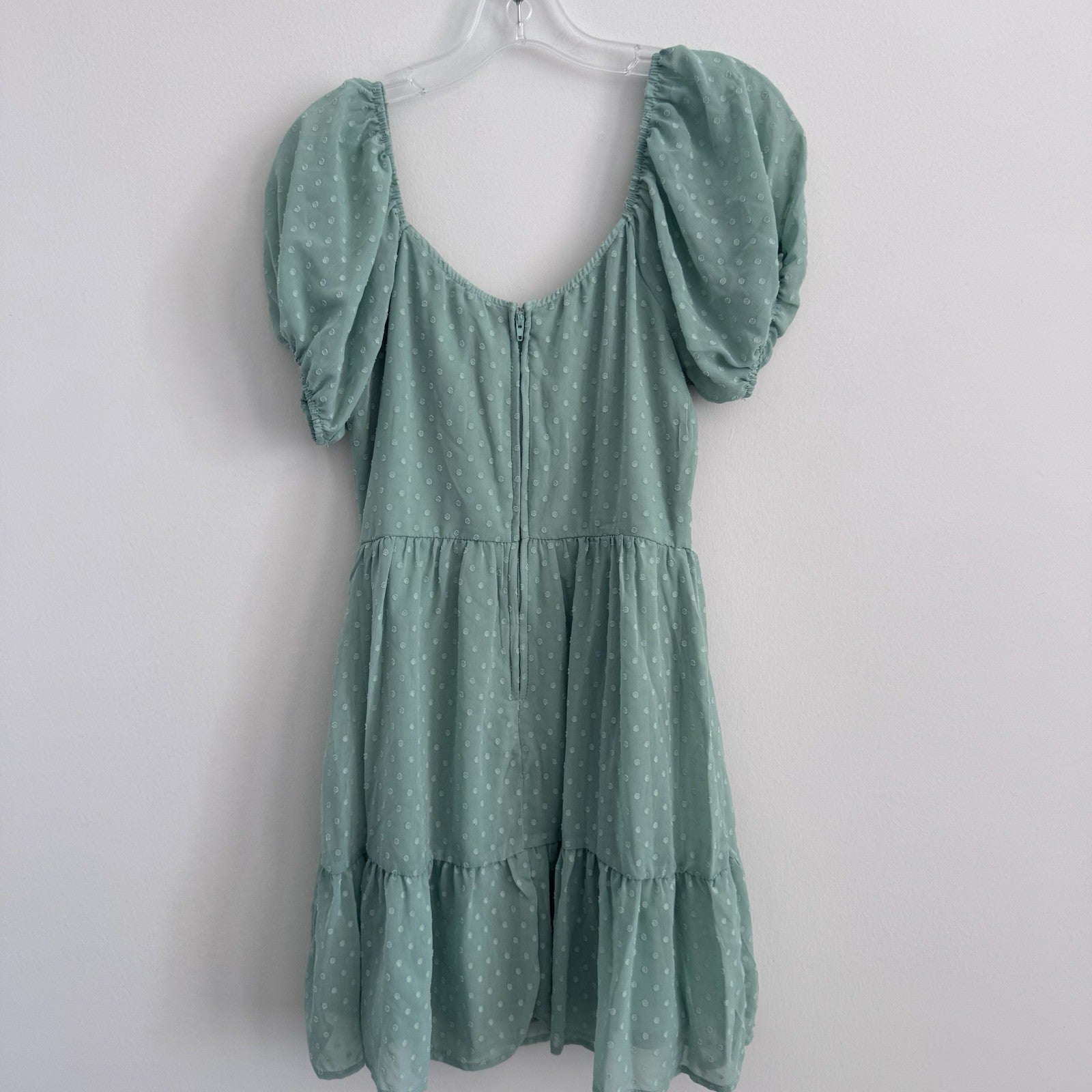 Trixxi Womens S Sage Green Swiss Dot Puff Sleeve Mini Dress NWT