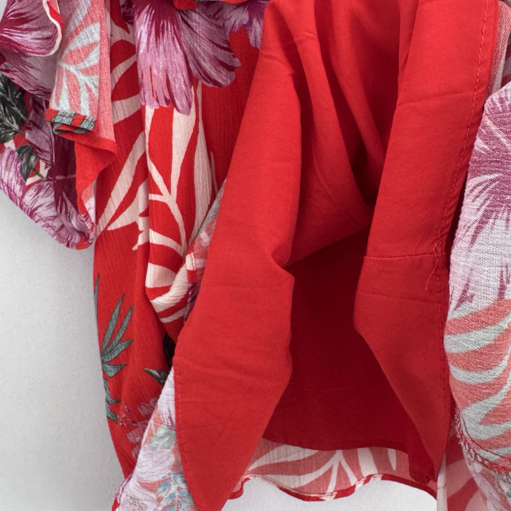 Miss Me Red Tropical Floral Cold Shoulder Dress Sz M Ruffle Sleeve
