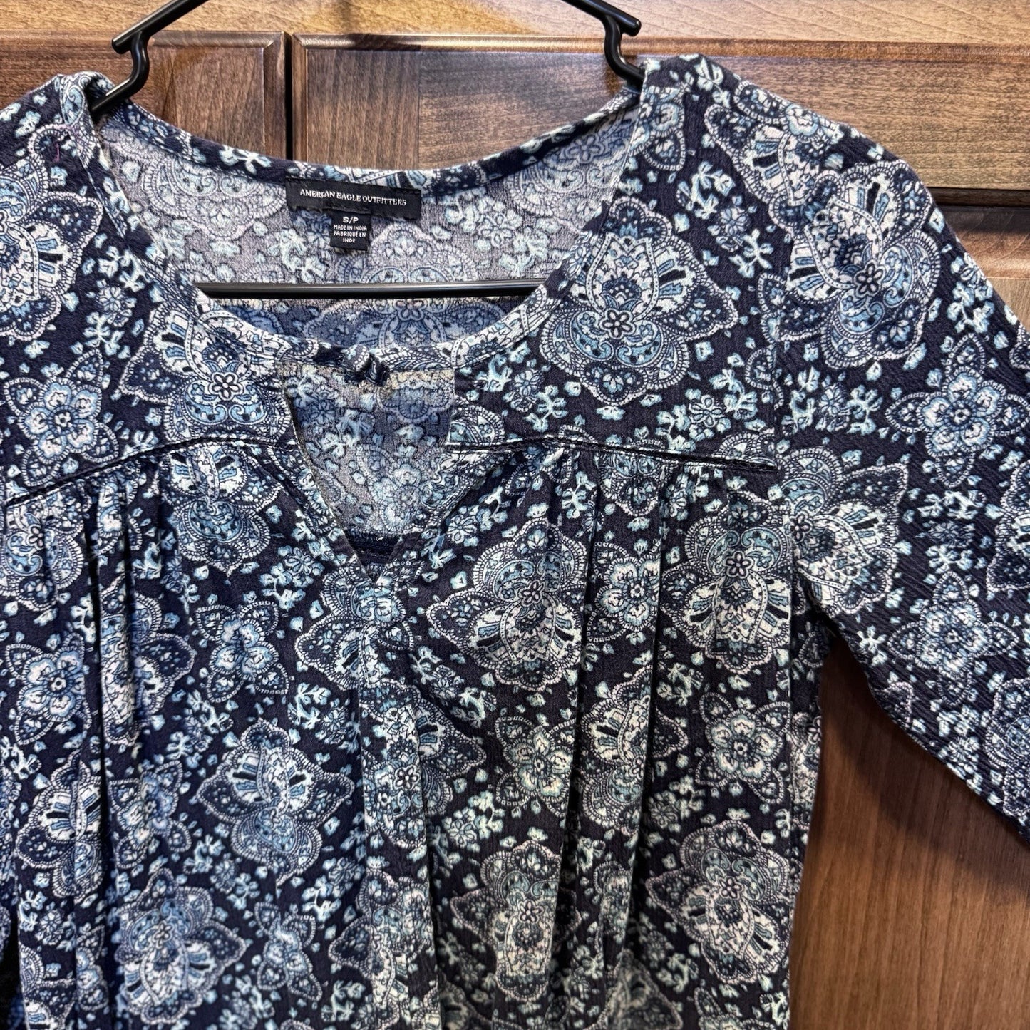 American Eagle Outfitters Boho Print Dress Small Blue Long Sleeve Cotton Blend