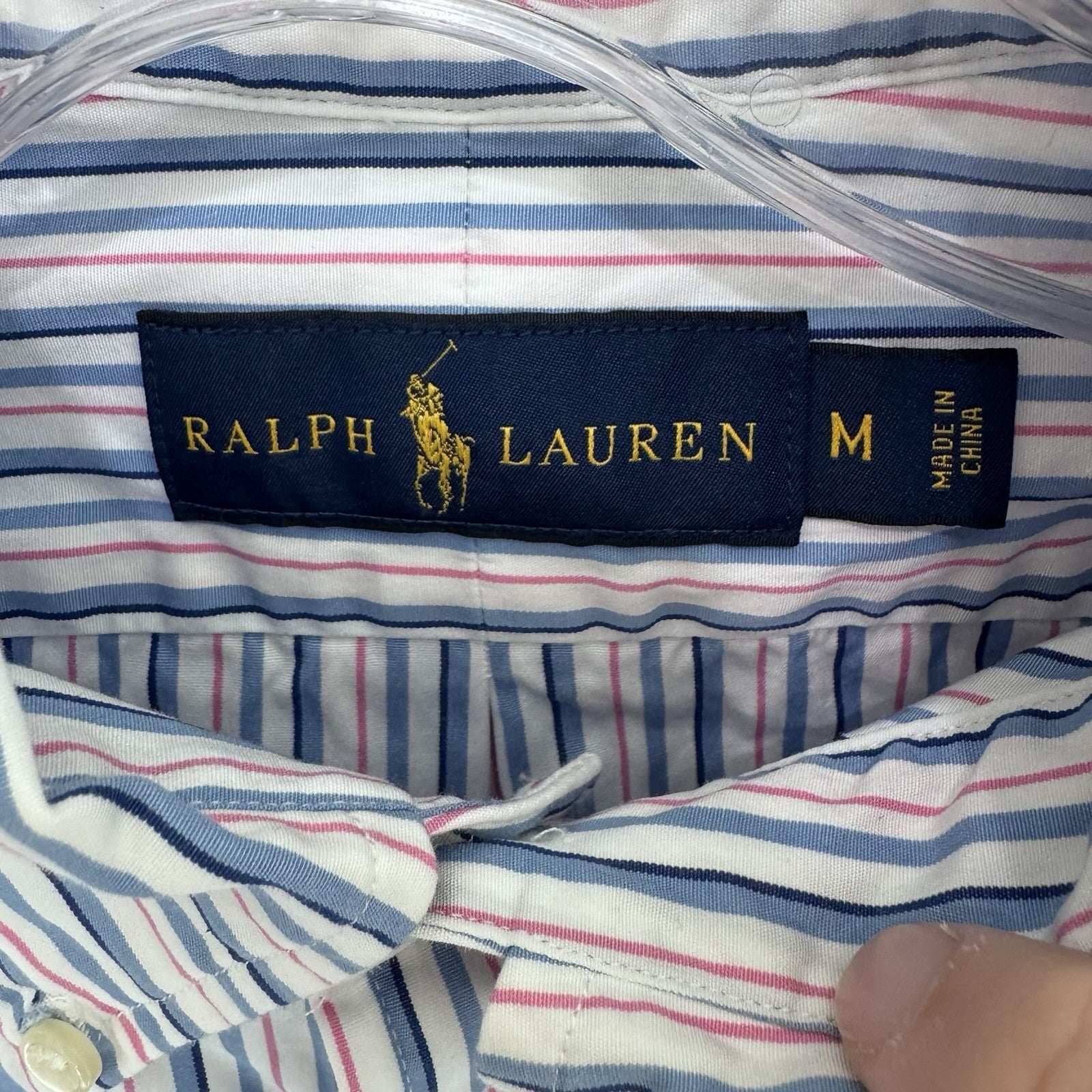 Ralph Lauren Men’s Blue Pink Striped Button Down Shirt Size M Cotton Pony Logo