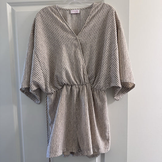 Pink Lily Womens Romper Small Kimono Sleeve Beige Black Stripe Wrap