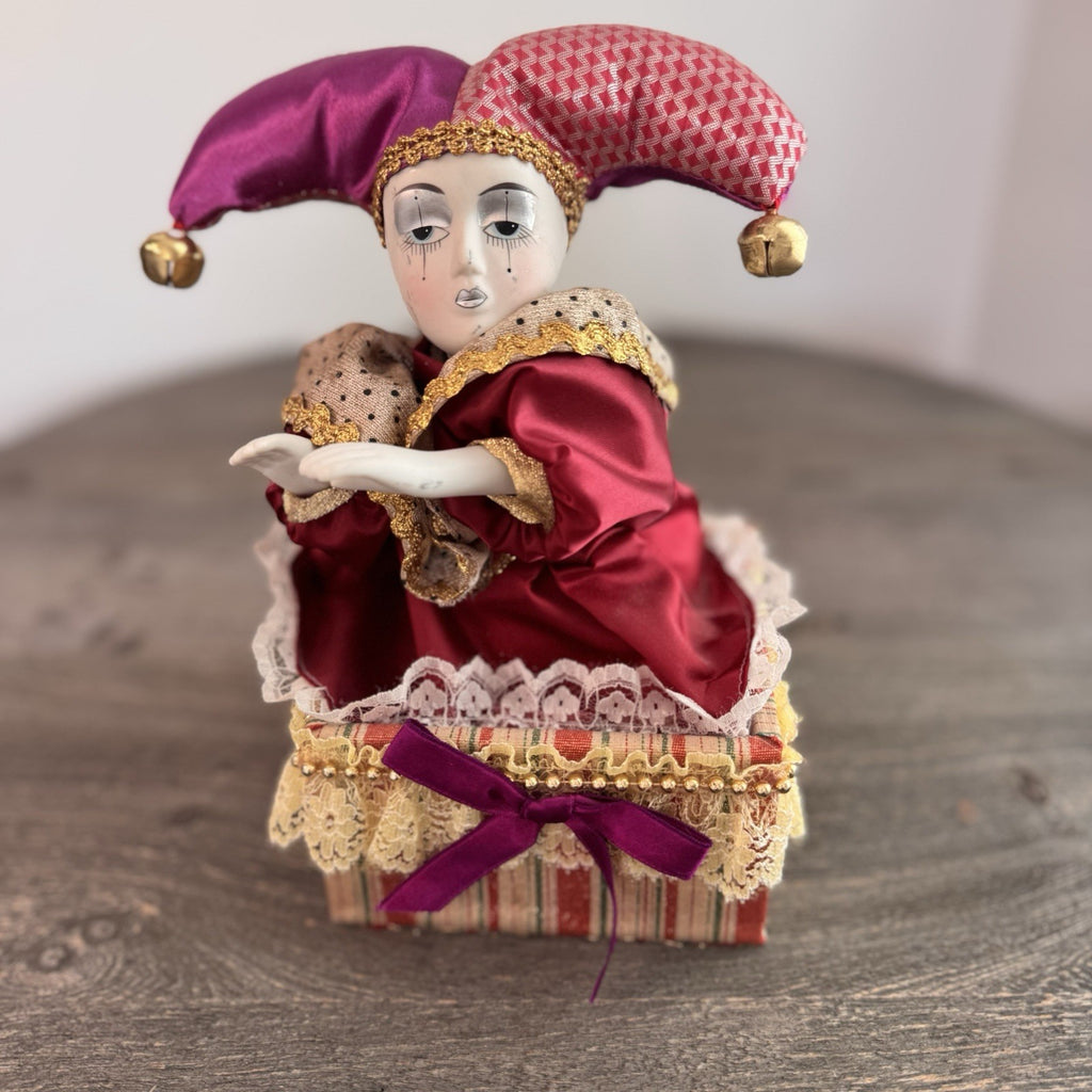 Set of 2 Vintage Porcelain Jester Dolls 16" & 8" Harlequin Musical Jack in Box