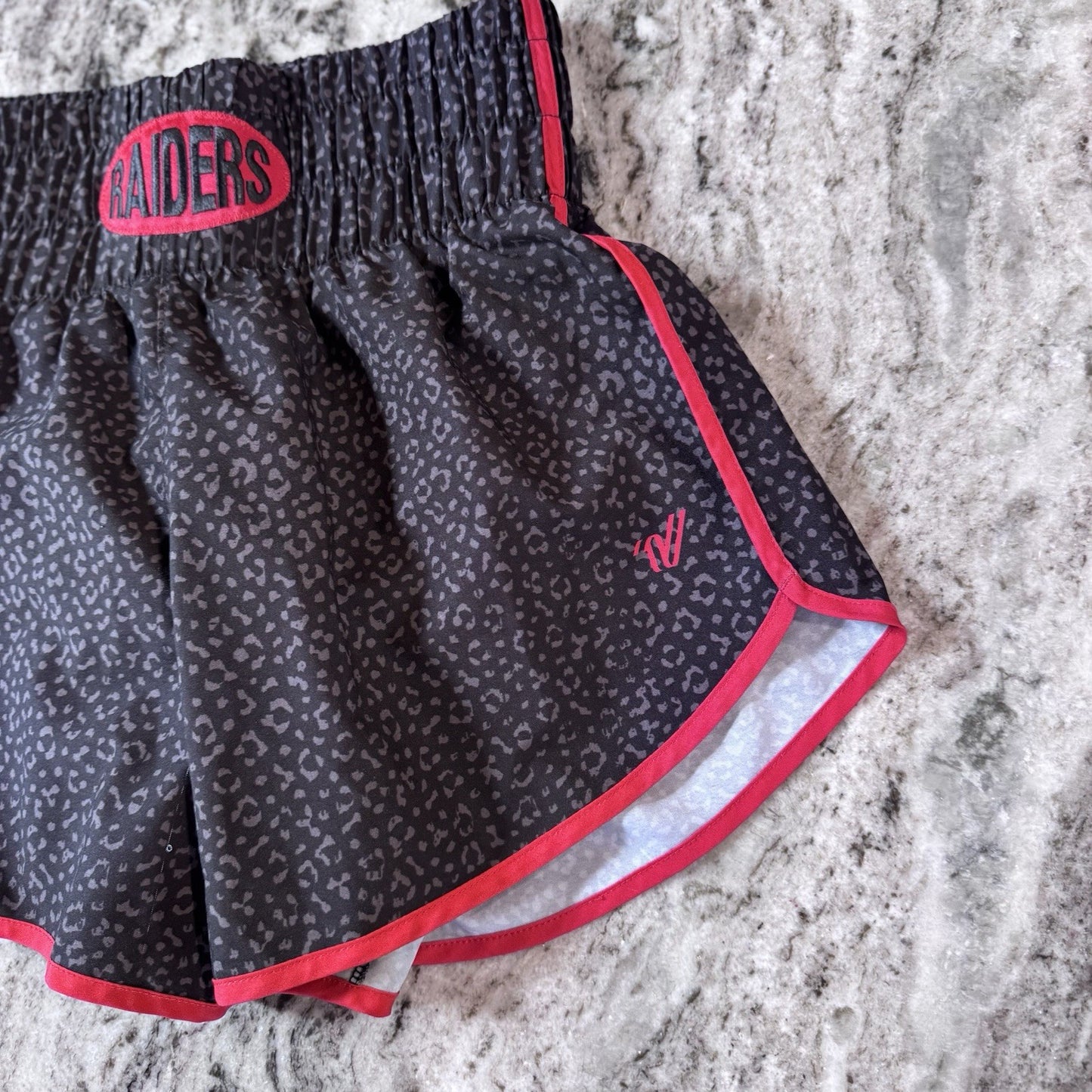 Varsity Spirit Raiders Cheer Shorts S Leopard Print Black Red Trim