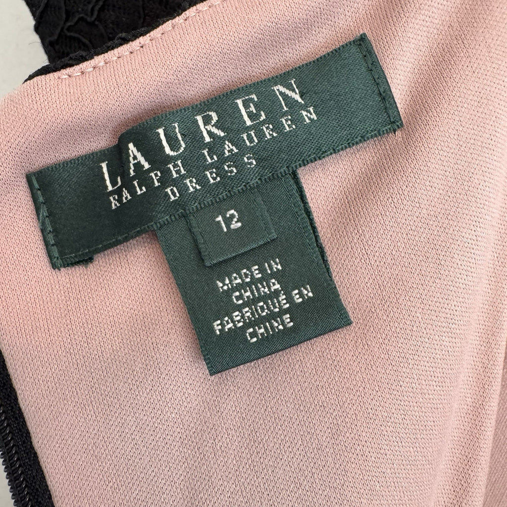 Lauren Ralph Lauren Black Lace Pink Lined Sheath Dress Size 12 Cap Sleeve Womens