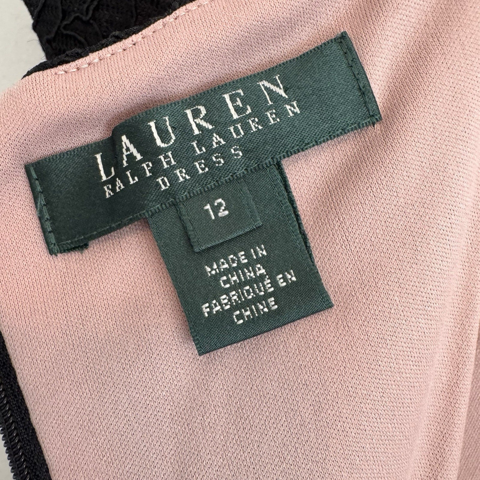 Lauren Ralph Lauren Black Lace Pink Lined Sheath Dress Size 12 Cap Sleeve Womens