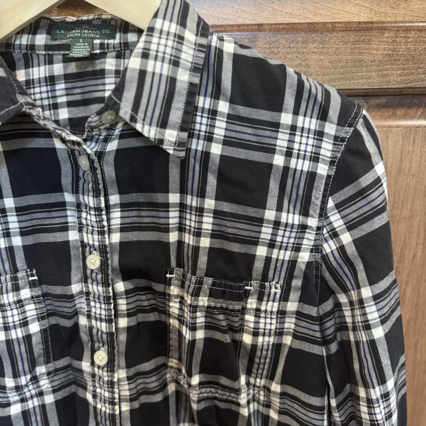 Lauren Ralph Lauren Plaid Button Down Shirt Women’s Large Black White