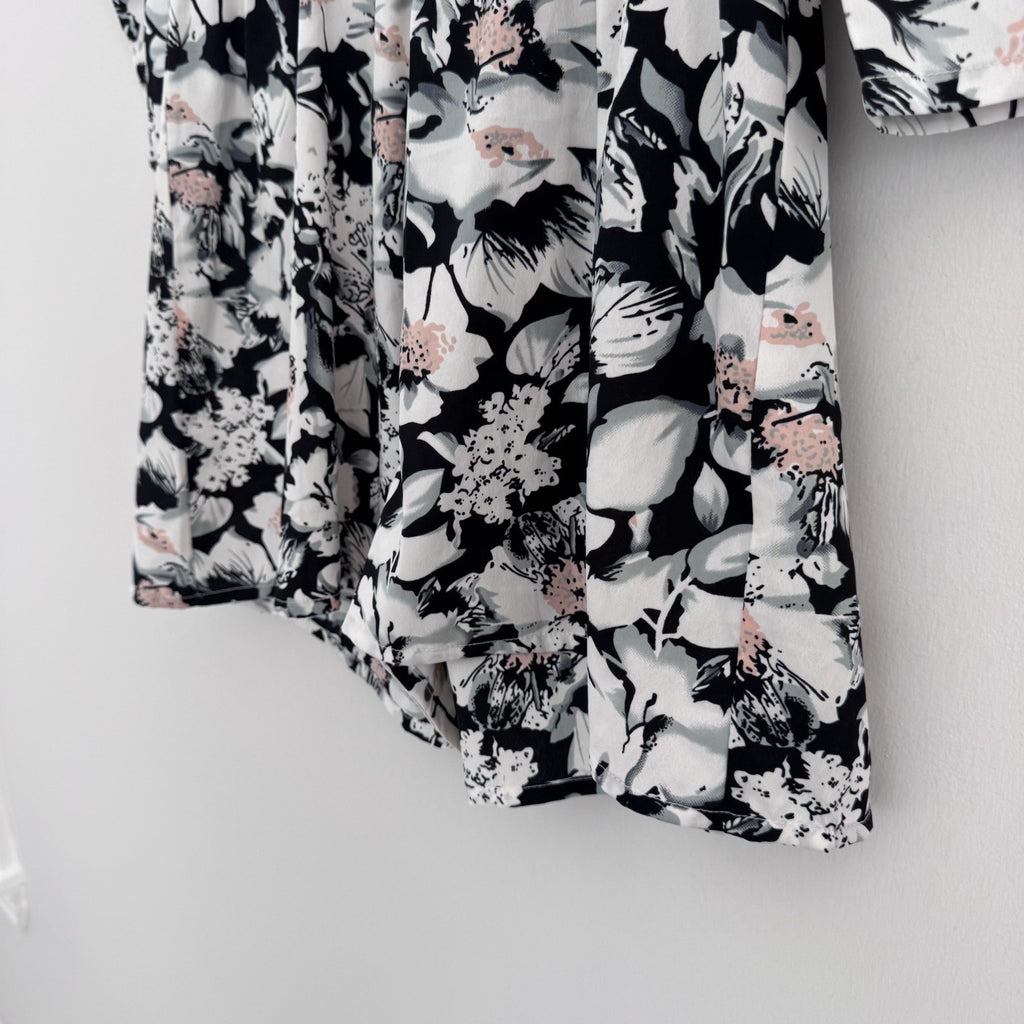 Boohoo Floral Wrap Romper US 8 Black White Pink Long Sleeve NWOT