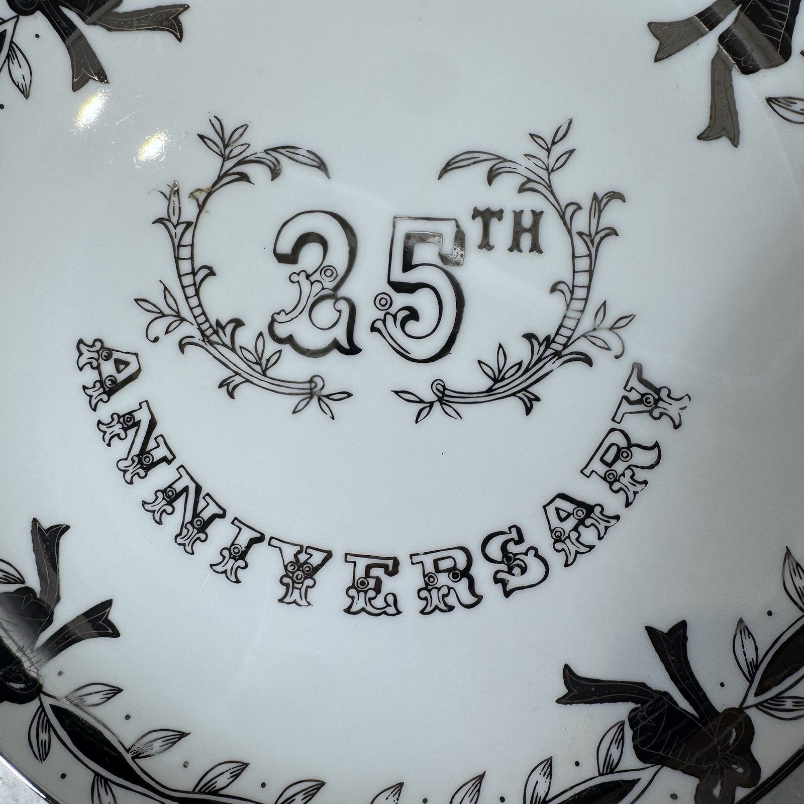 Lefton China 25th Anniversary Plate Black White Silver Wedding 10”