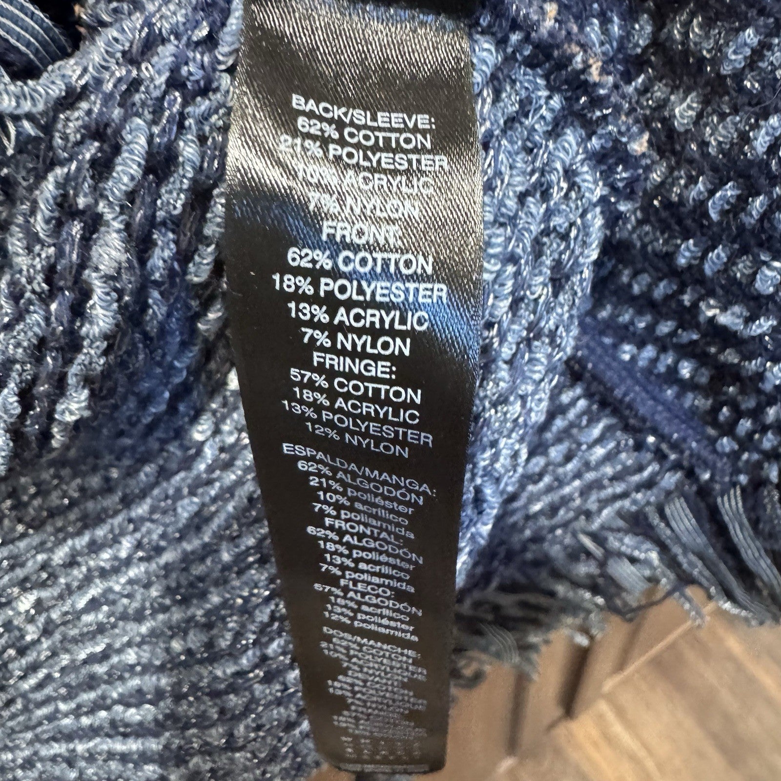 White House Black Market Women’s Fringe Tweed Knit Jacket Small Blue Open Front