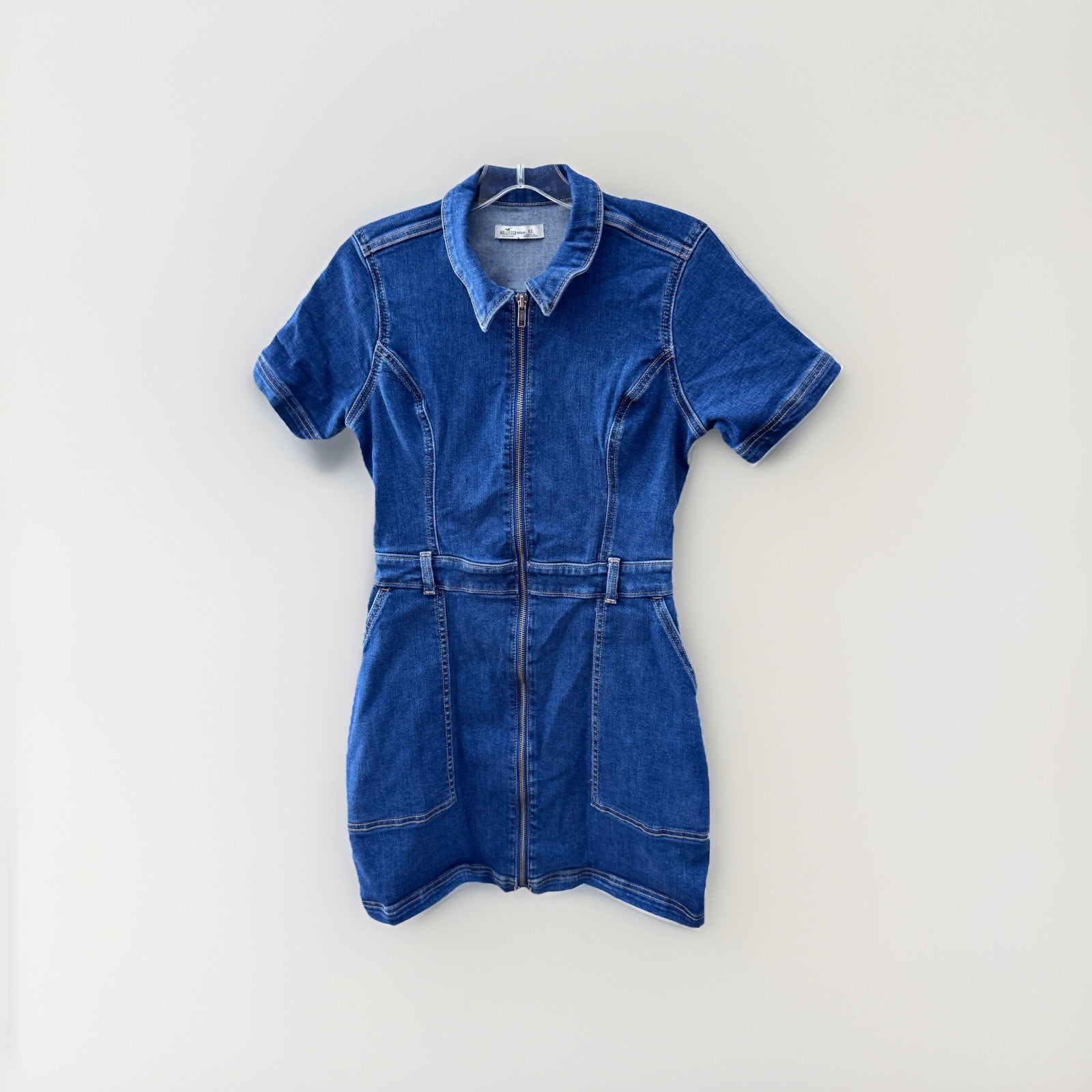 Hollister Denim Zip Front Dress XS Short Sleeve Jean Mini Utility Style