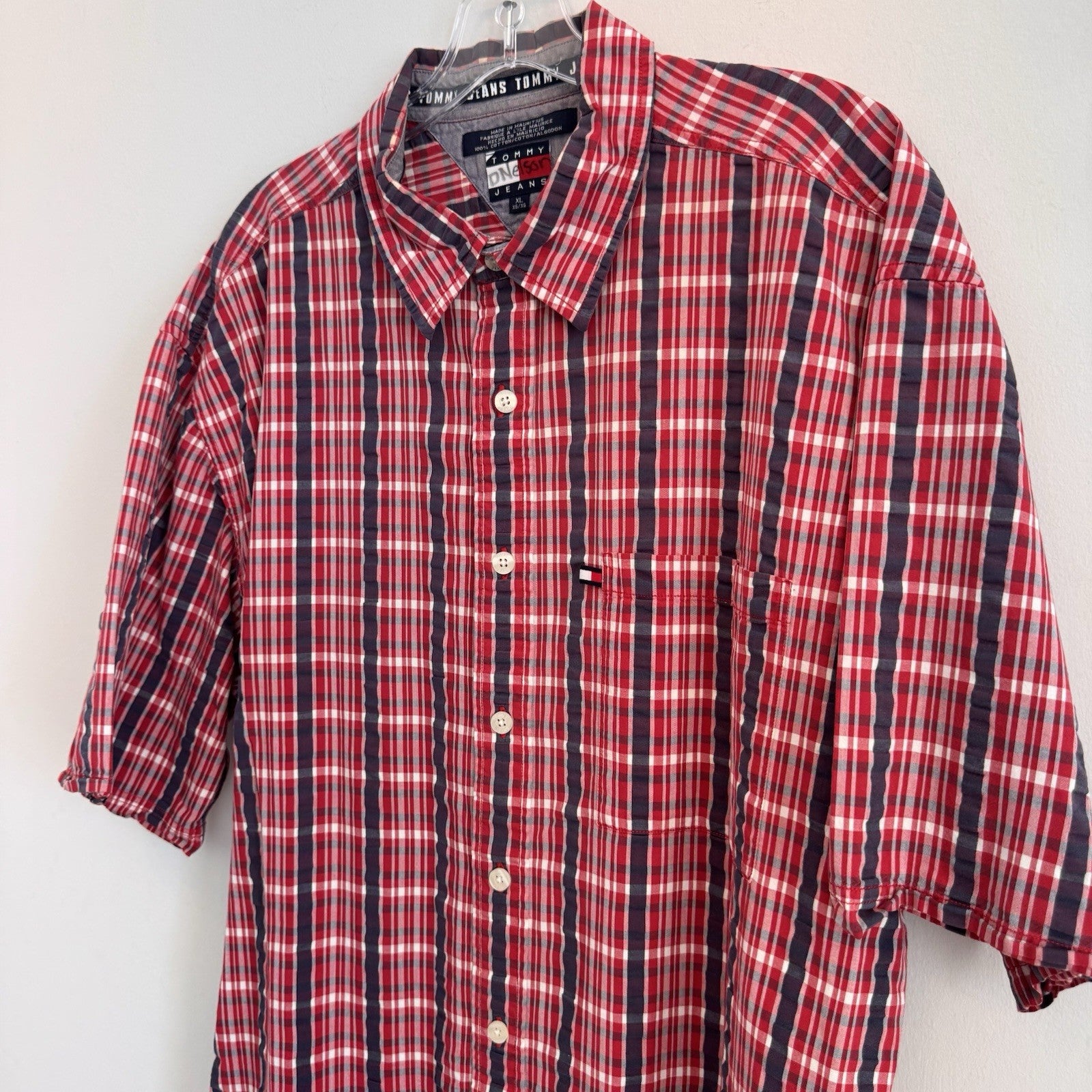 Vintage Tommy Jeans Shirt Mens XL Red Plaid Button Down Y2K Cotton Logo