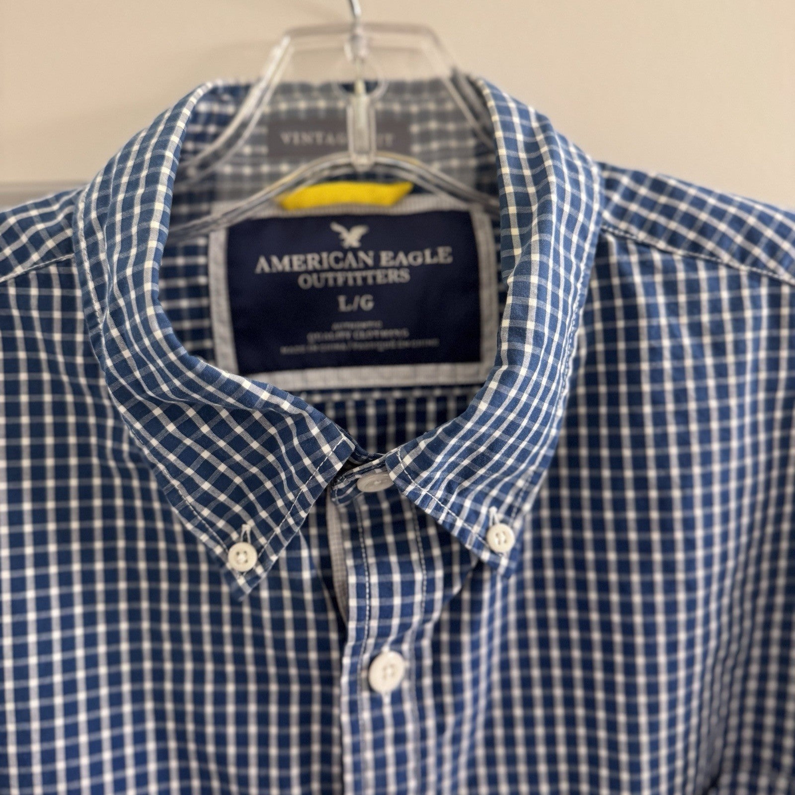 American Eagle Blue Plaid Shirt Men L Button Down Cotton Long Sleeve Casual