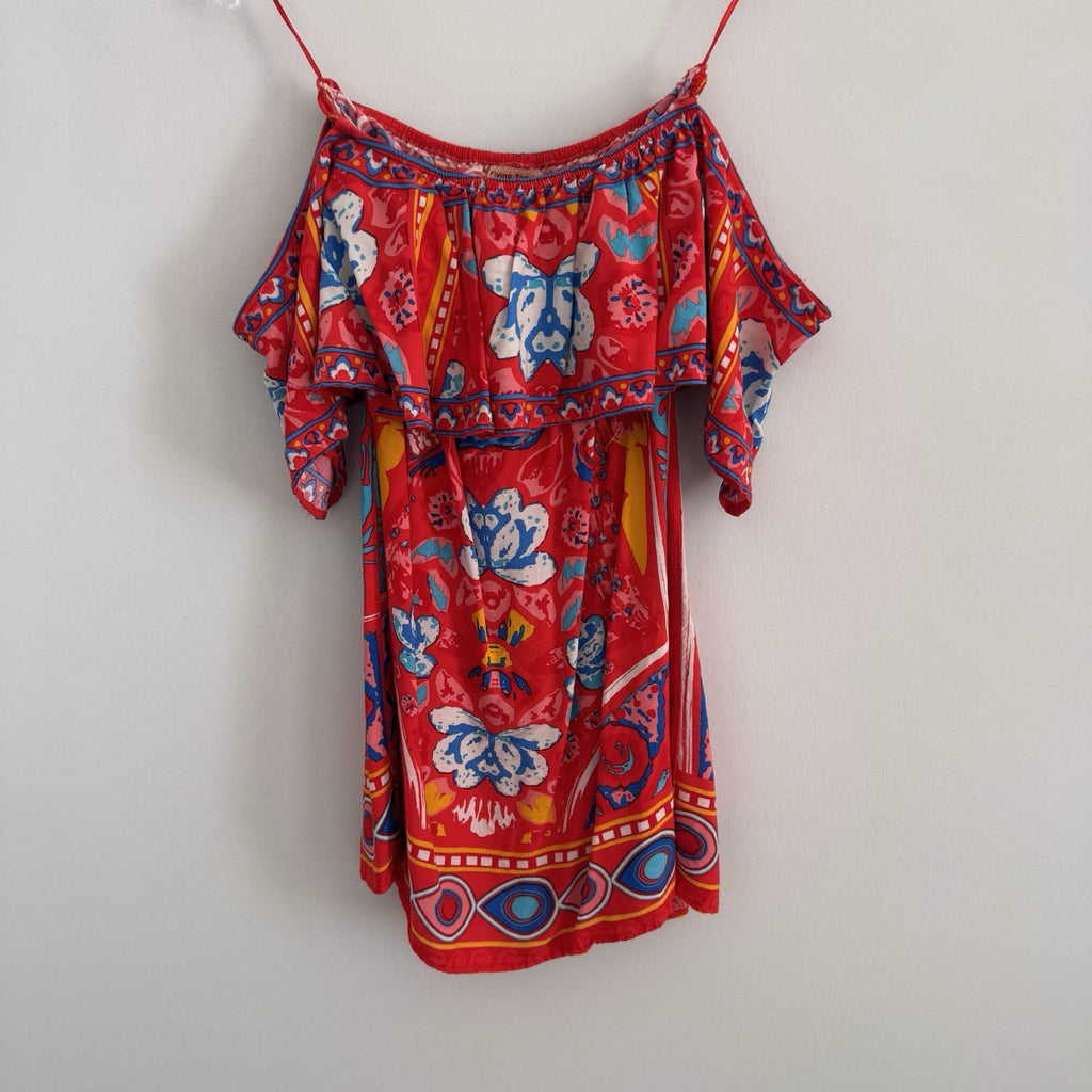 Flying Tomato Red Boho Floral Dress Women's XS Off the Shoulder Ruffle Rayon