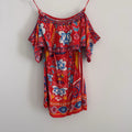 Flying Tomato Red Boho Floral Dress Women's XS Off the Shoulder Ruffle Rayon