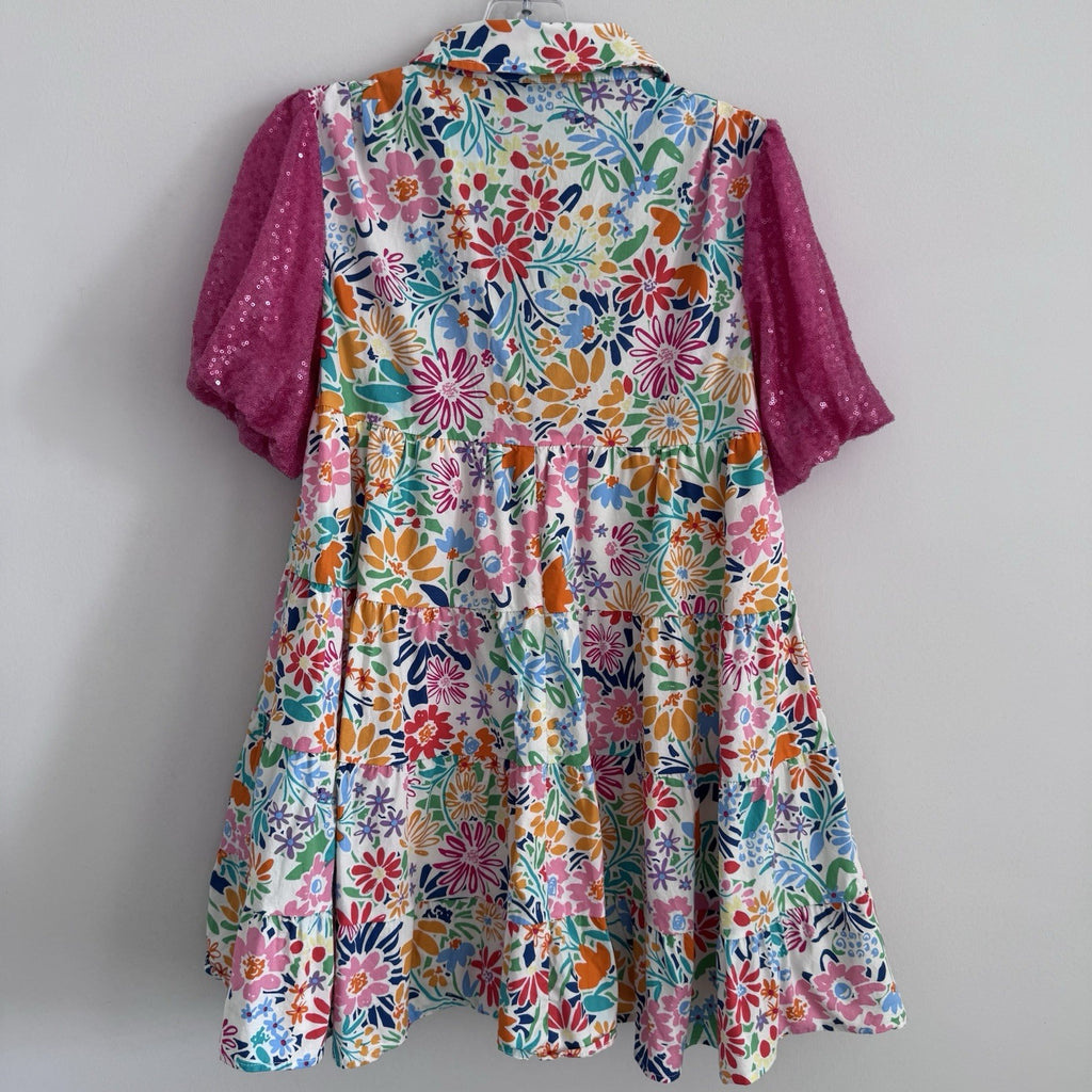 Blue B Collection Small Floral Tiered Dress Pink Sequin Sleeves 
