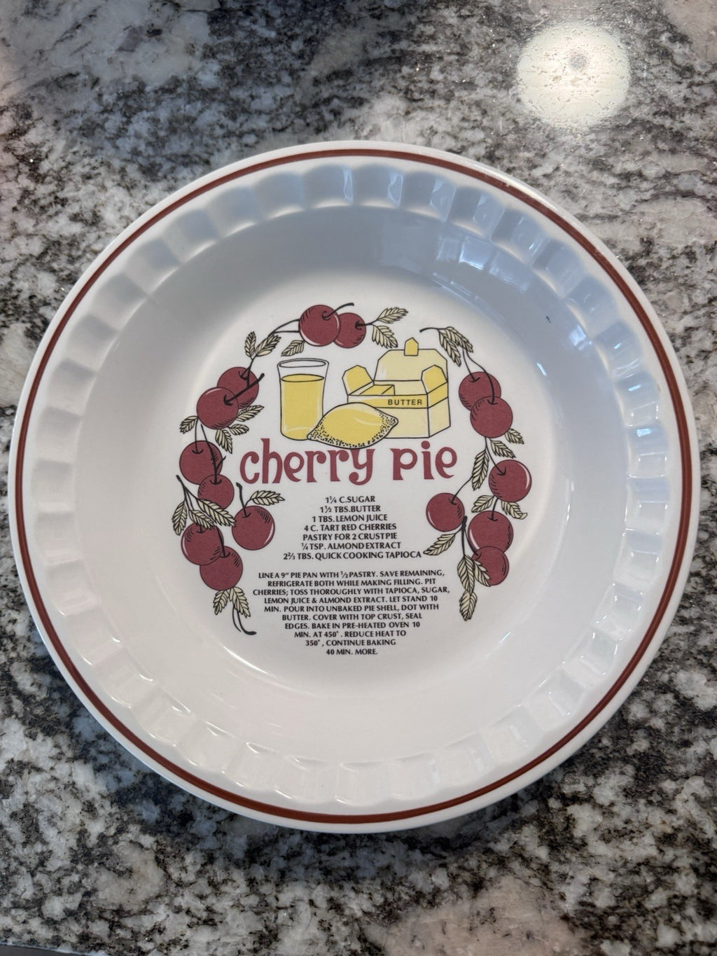 Vintage Hankook Korea Ceramic Deep Dish Cherry Pie Plate With Printed Recipe