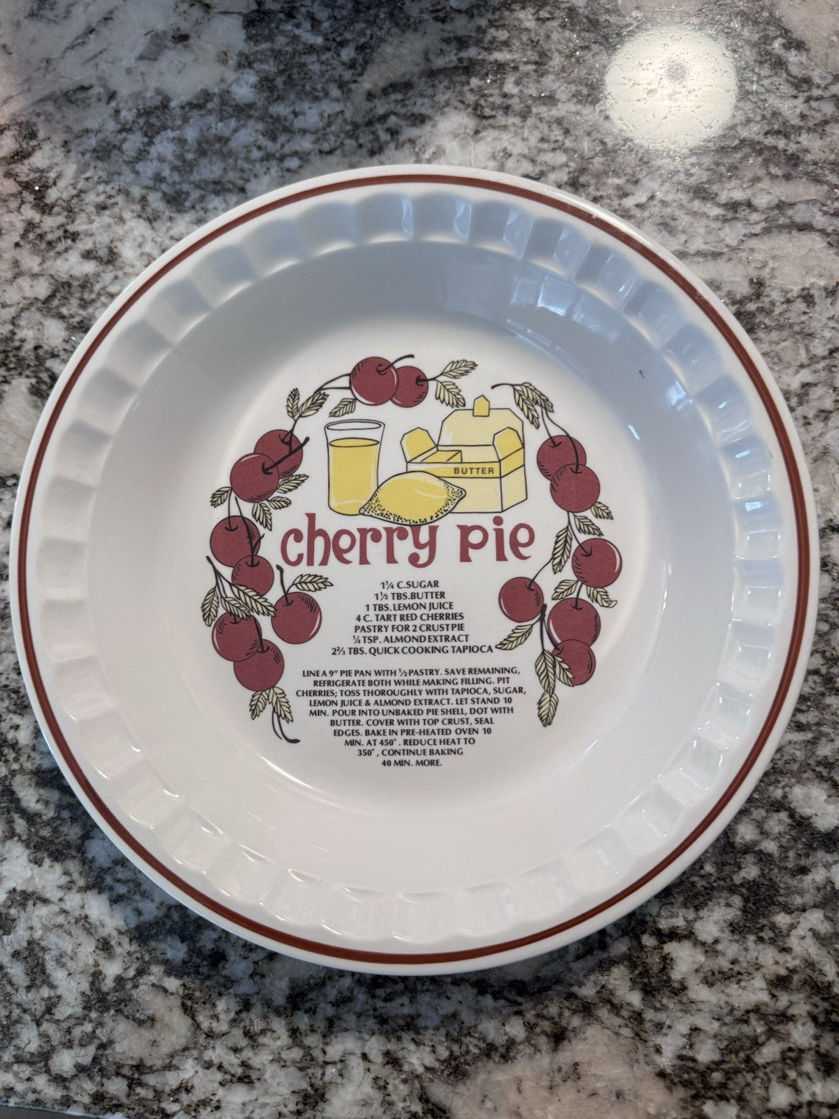 Vintage Hankook Korea Ceramic Deep Dish Cherry Pie Plate With Printed Recipe