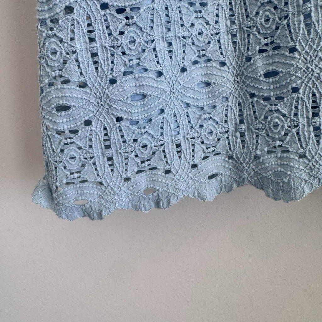RN Studio Blue Lace Shift Dress Women’s Size 14 Bell Sleeve Lined Zip Back
