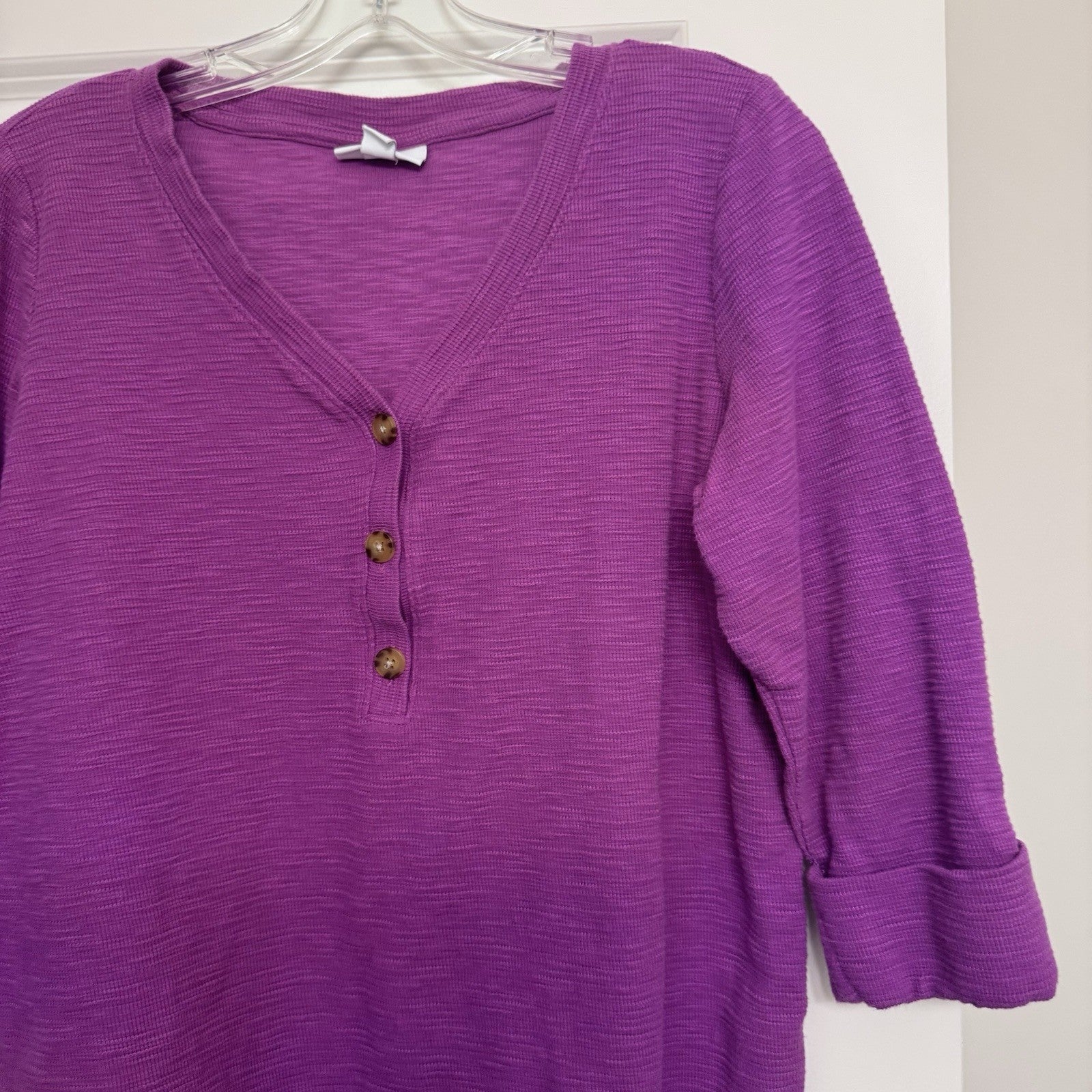 J. Jill Purple Button Front Cotton Knit Top M Petite 3/4 Sleeve Textured