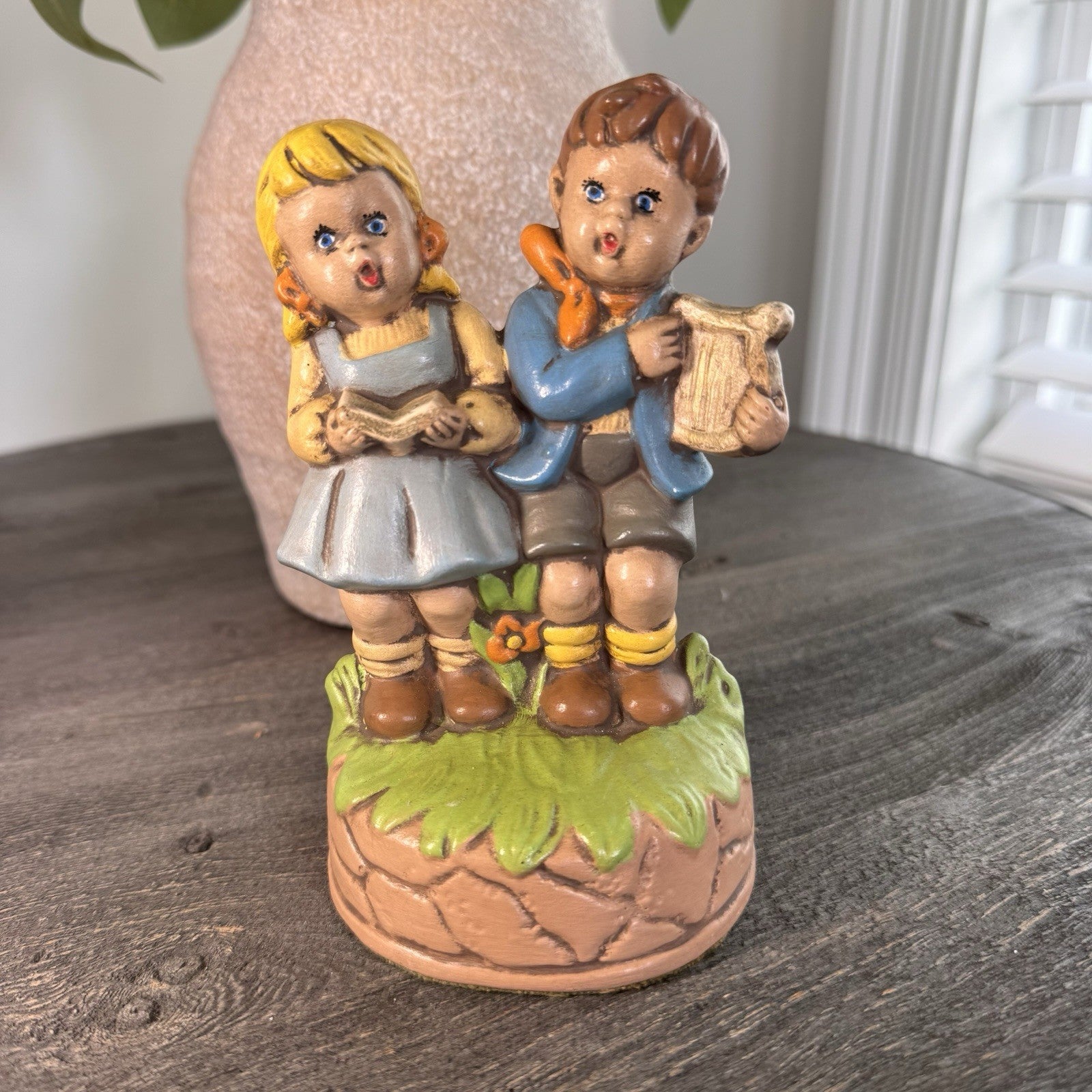 Vintage Musical Figurine Boy with Harp Girl Singing Hummel Style Kitsch Decor
