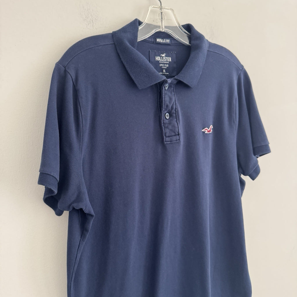 Hollister Epic Flex Muscle Fit Polo Shirt Men XL Navy Blue Stretch Logo