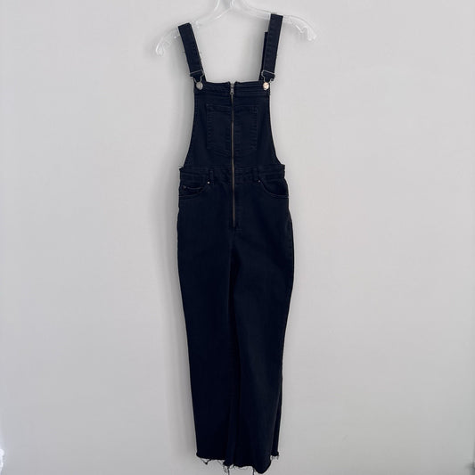 ZARA Trafaluc Black Denim Overalls XS Zip Front Raw Hem Cropped