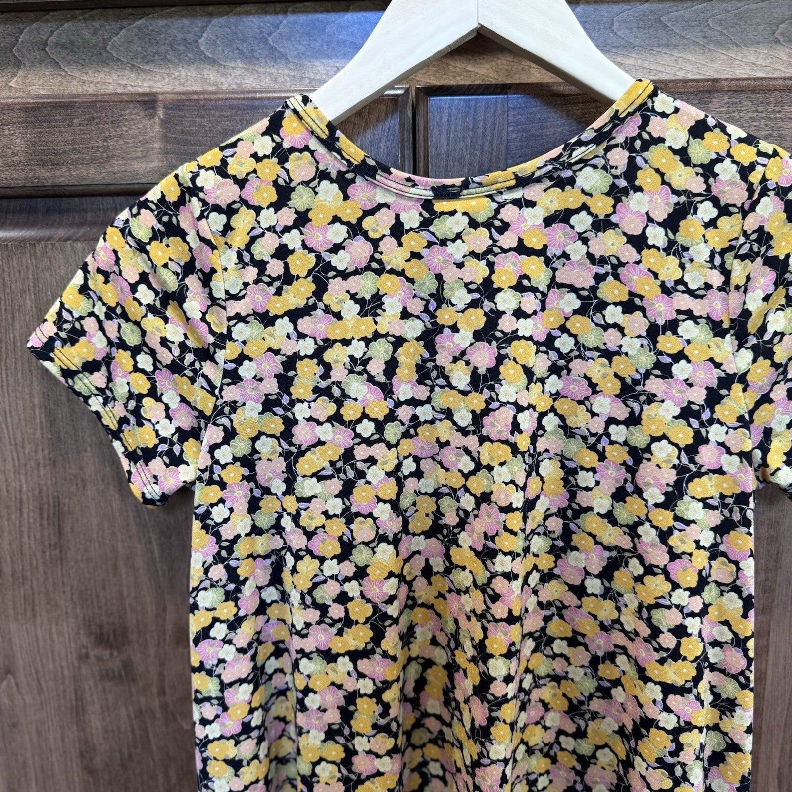 LuLaRoe Girls Floral Swing Dress Size 12 Yellow Pink Black Short Sleeve A-Line