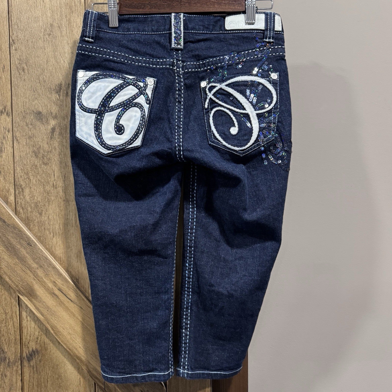 Coogi Jeans Capris 5/6 Juniors Dark Wash Sequin Embellished Denim Bling Logo Y2K