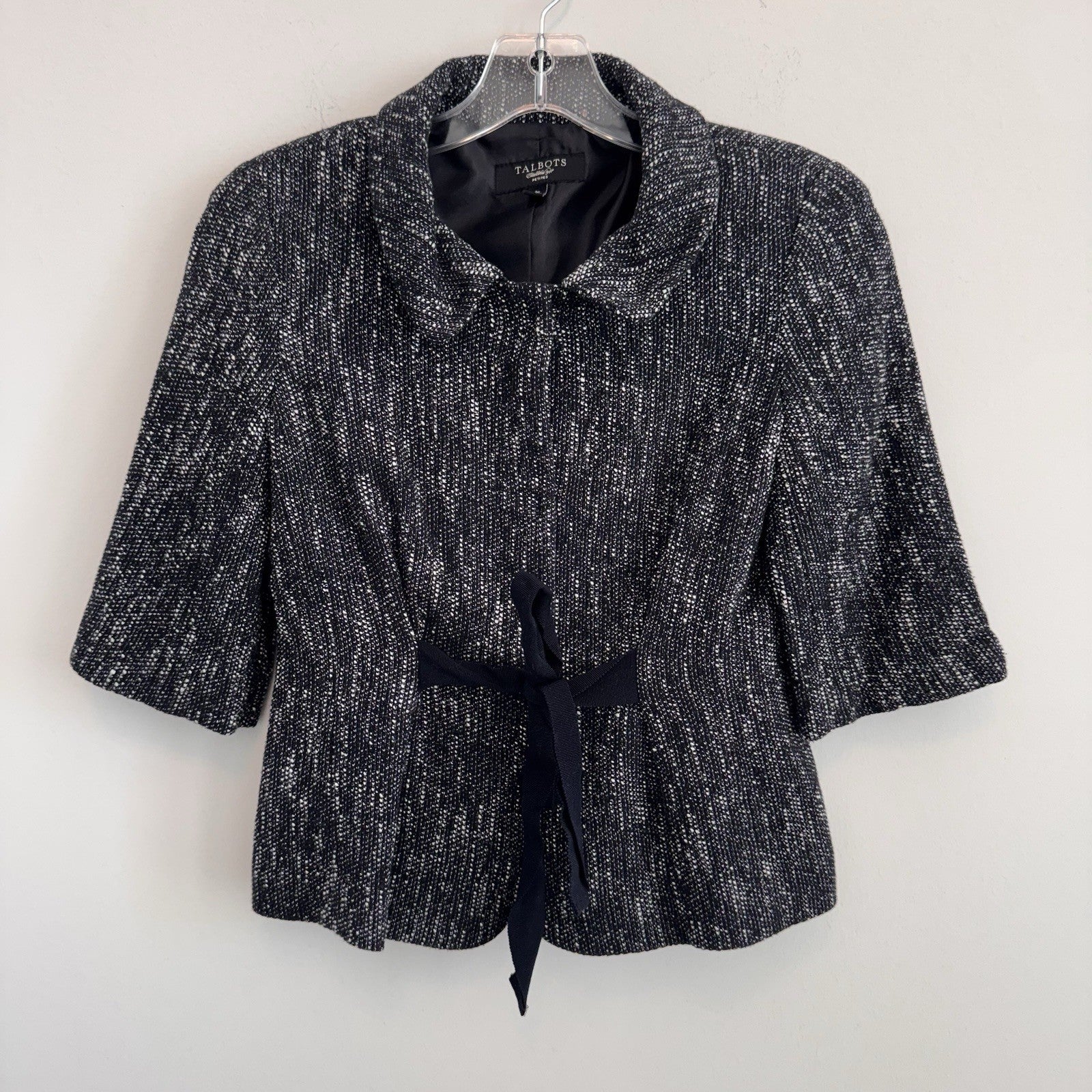 Talbots Petites Tweed Skirt Suit Set 2P 4P Black White Textured Bow Jacket