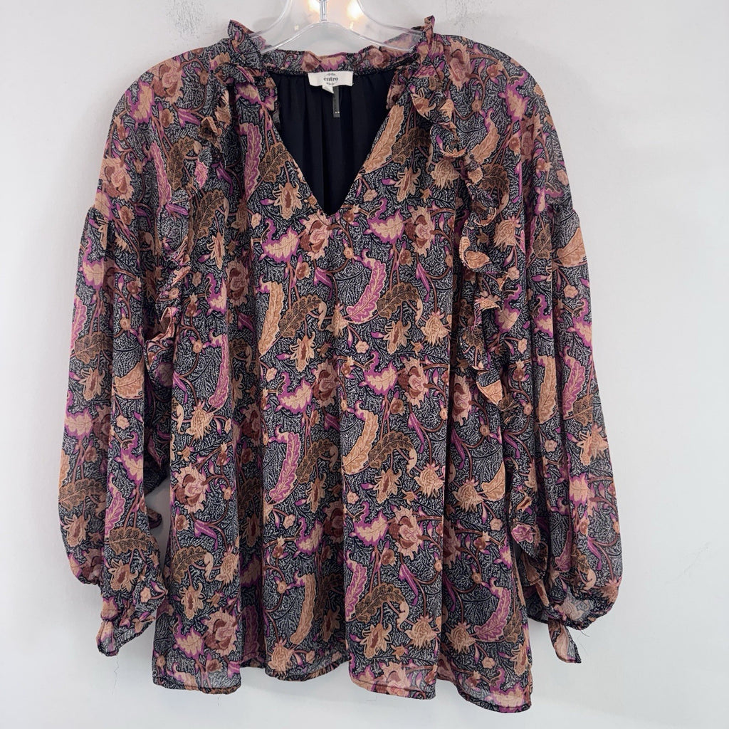 Entro Floral Boho Blouse Women’s Large Lined Peasant Top Pink Black