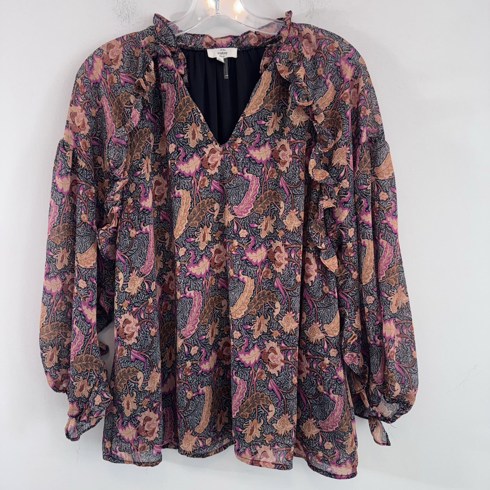 Entro Floral Boho Blouse Women’s Large Lined Peasant Top Pink Black
