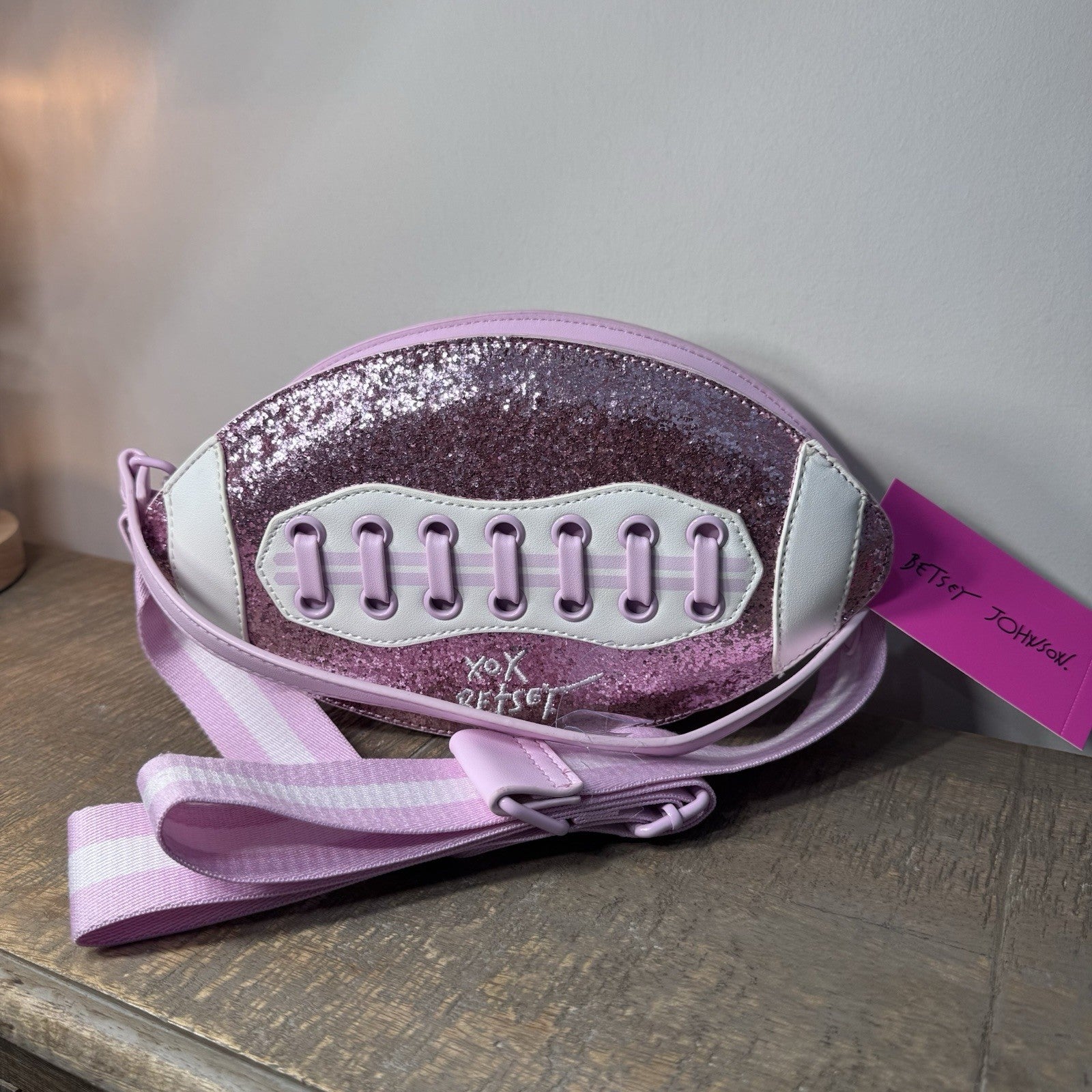Betsey Johnson XOTEAM Pink Sequin Football Crossbody Shoulder Bag NWT Blush