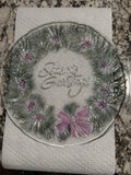 VTG Indiana Glass Rainbow Mist Season’s Greetings Platter 13.5" Wreath Bow