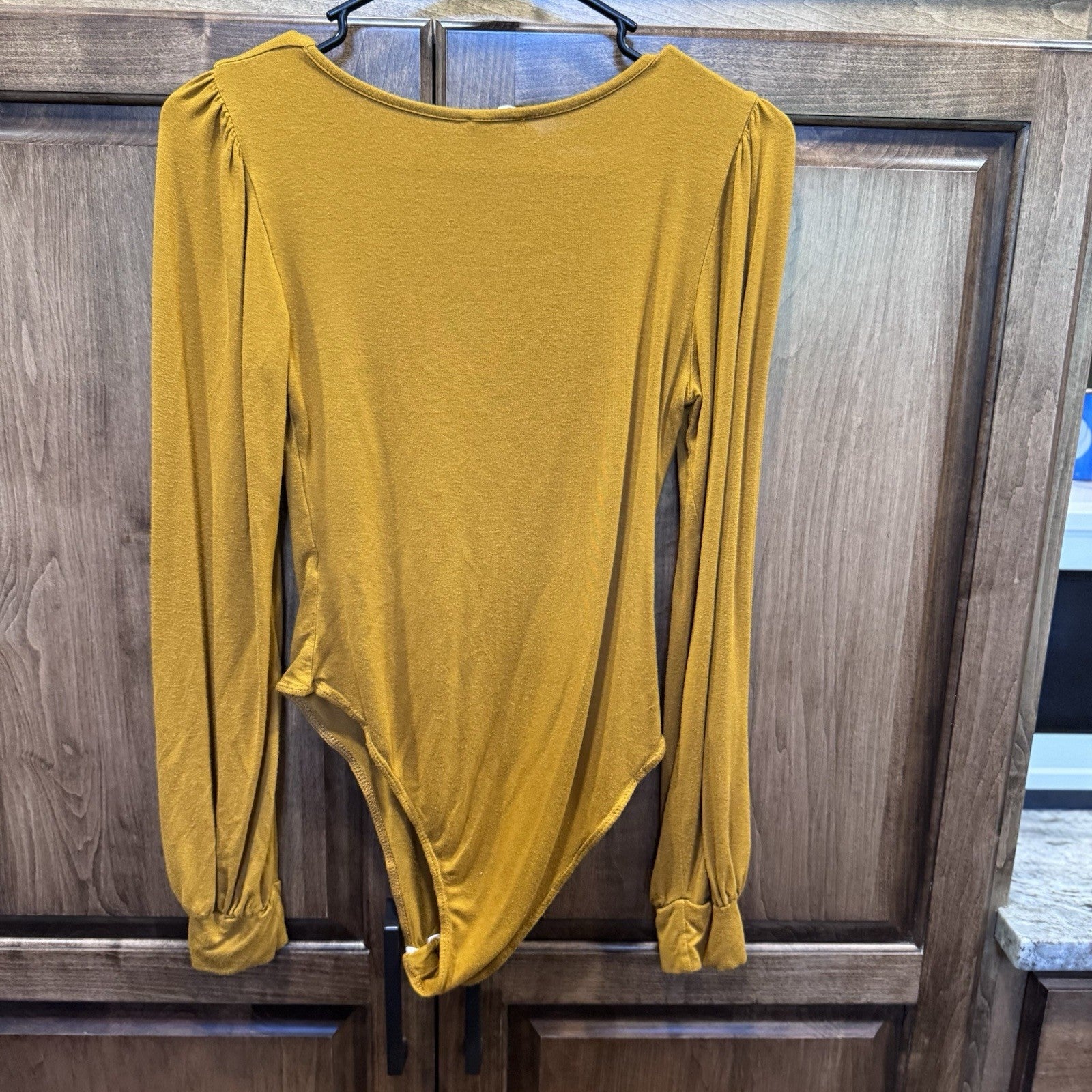 Peach Love California Mustard Yellow Long Sleeve Bodysuit V-Neck Puff Sleeve Sm