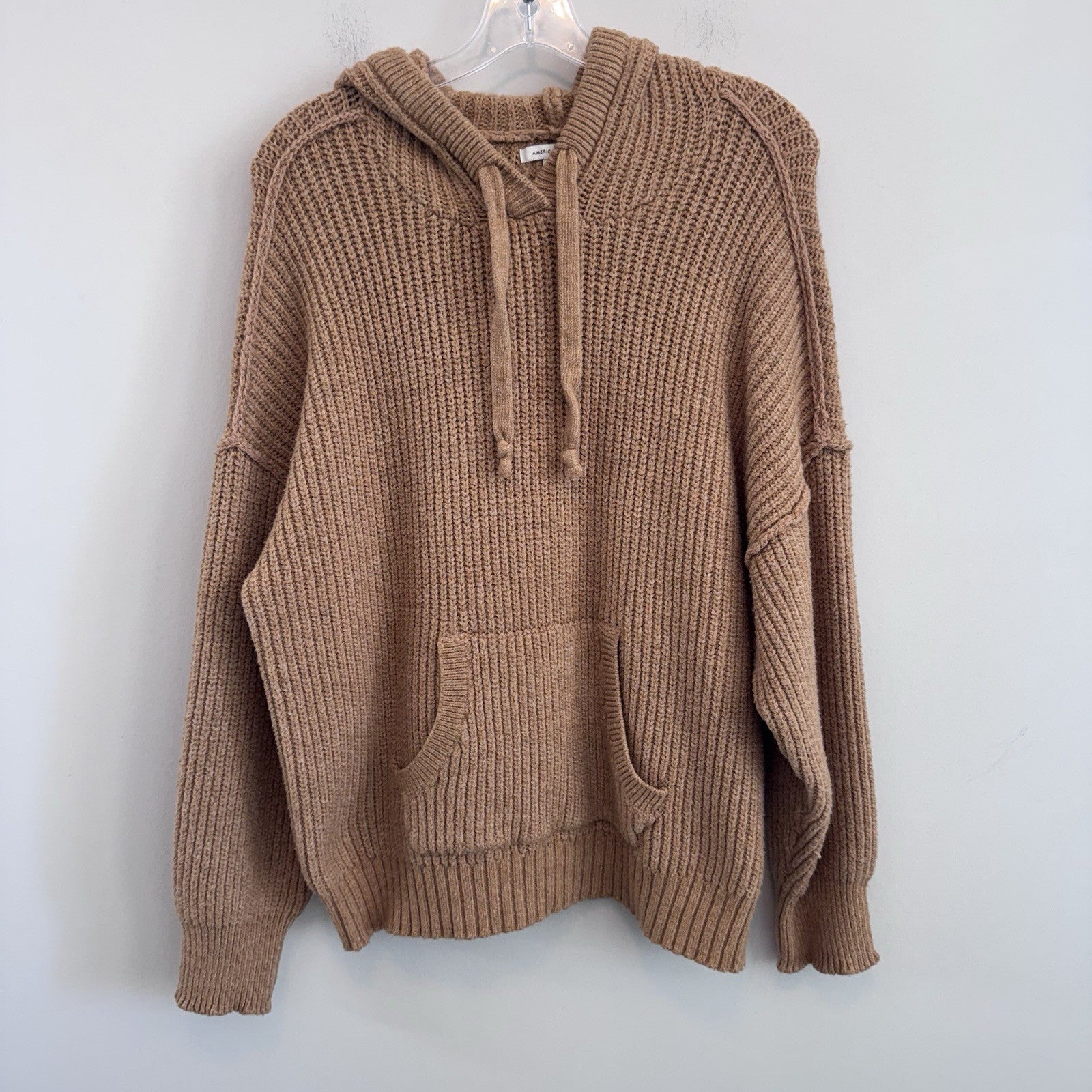 American Eagle Hooded Chunky Knit Sweater Hoodie Tan Beige Oversized M Women’s