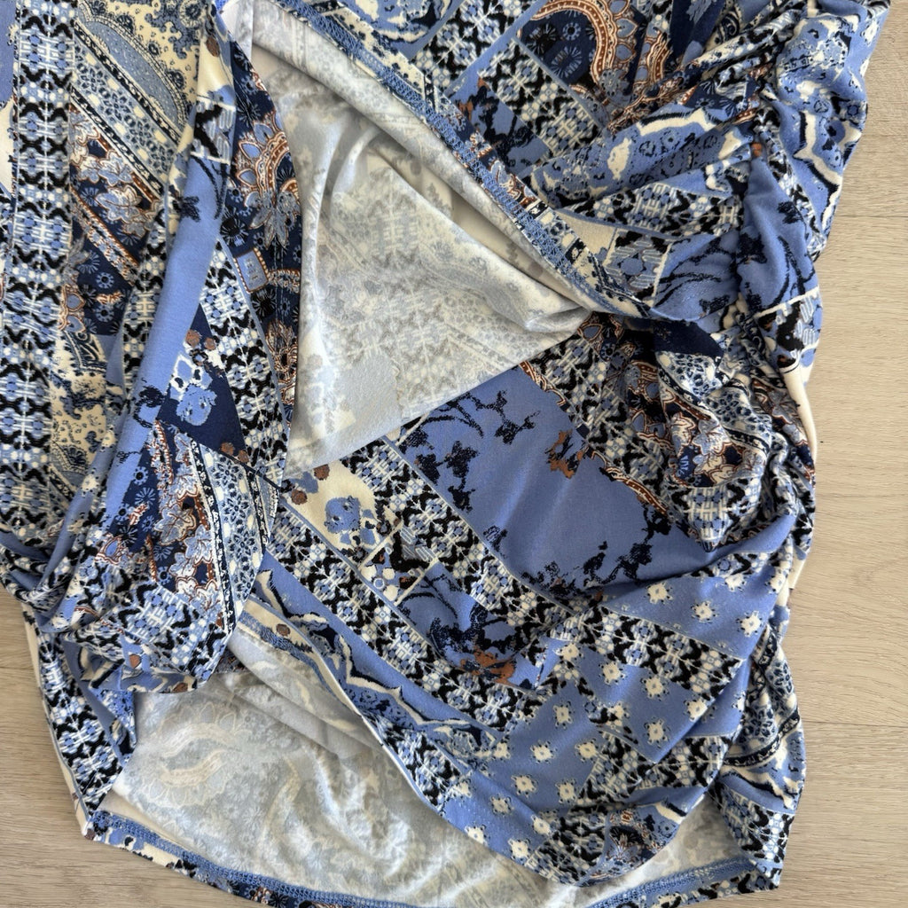 Free People Blue Patchwork Ruched Skirt Womens Medium Boho She’s Something Else