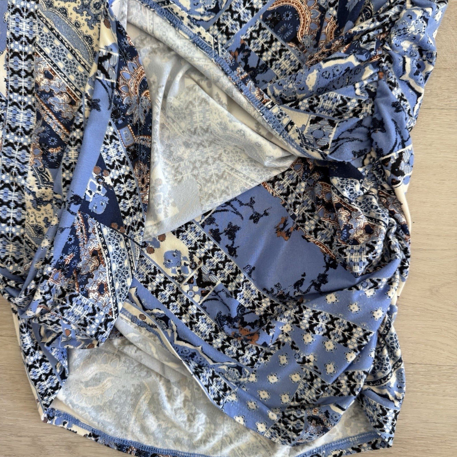 Free People Blue Patchwork Ruched Skirt Womens Medium Boho She’s Something Else