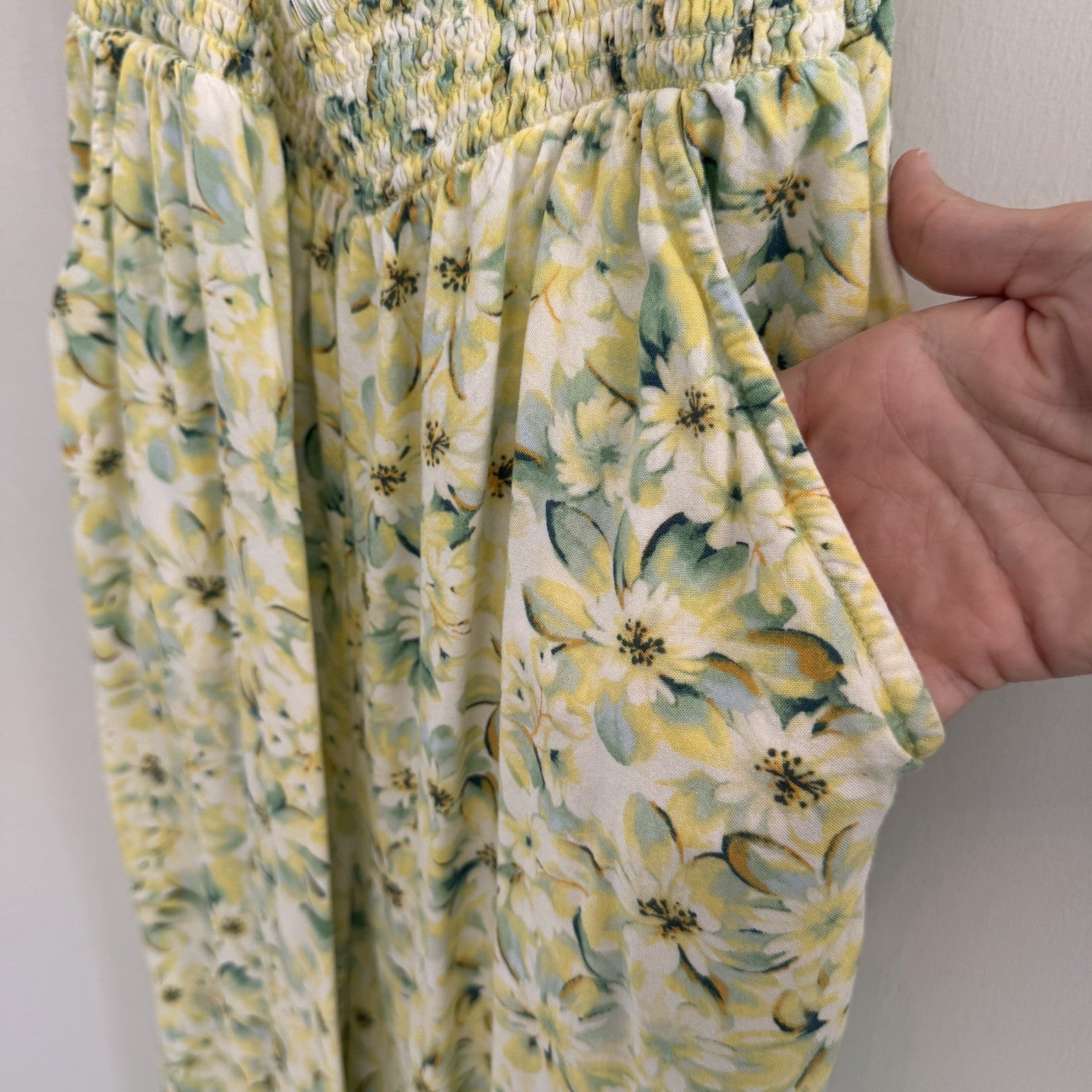 American Eagle Women’s M Petite Floral Cutout Wide Leg Jumpsuit Yellow Green