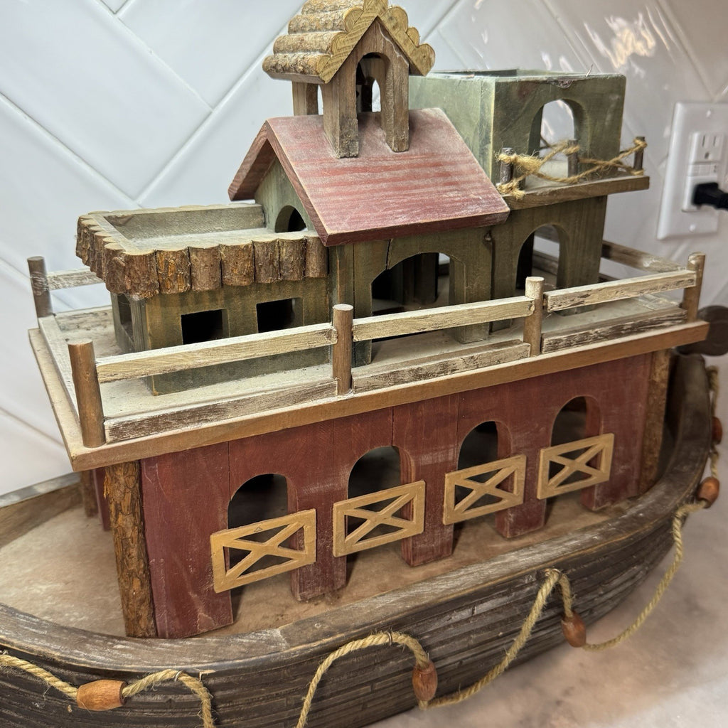 Large Wooden Noah’s Ark Boat Decor Rustic Nautical Farmhouse Shelf Display