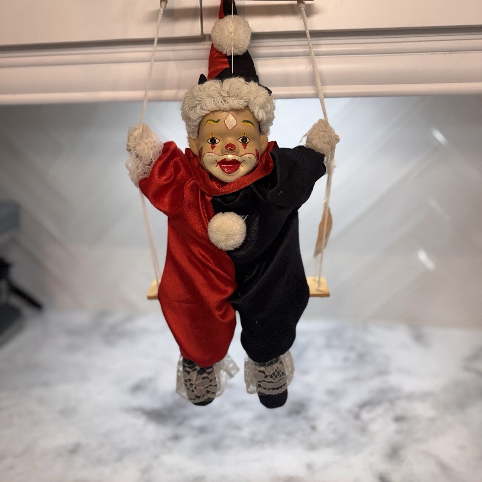 Vintage BVI Inc Porcelain Face Clown on Wooden Swing Red Black Harlequin Jester