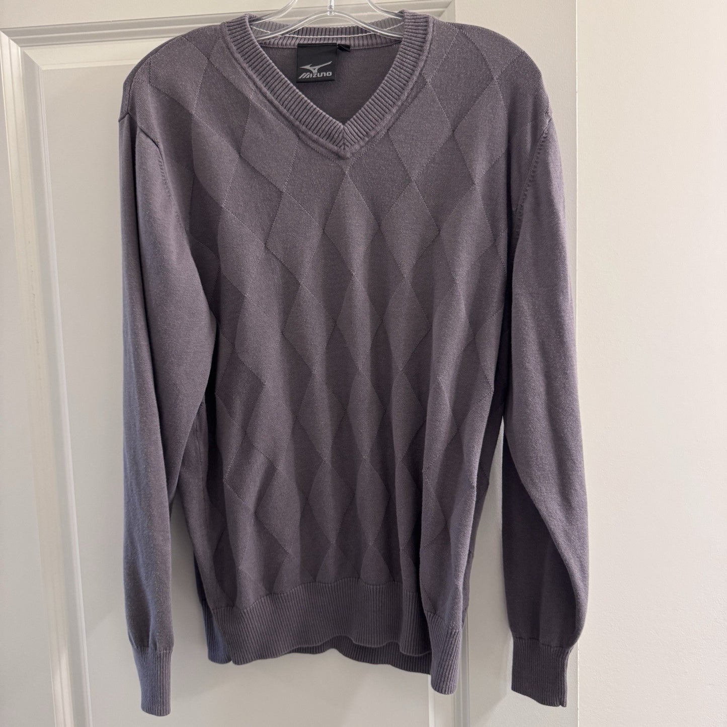 Mizuno Men’s Argyle V-Neck Sweater L Gray Golf Knit Modal Cotton