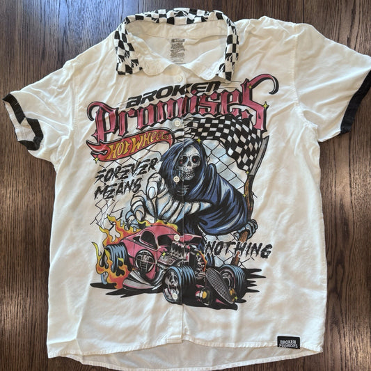 Broken Promises x Hot Wheels Shirt M Grim Reaper Flame Car Rayon Button-Up 2021