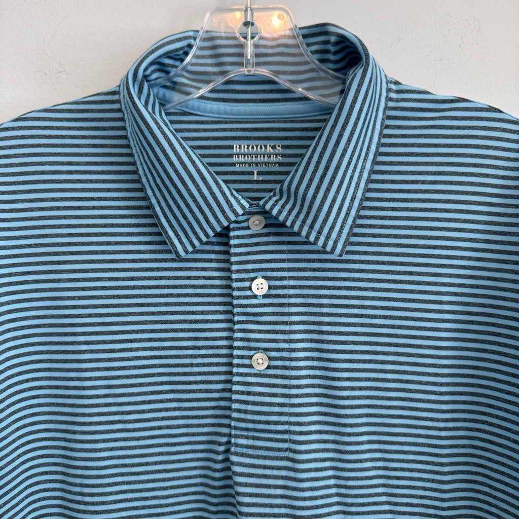 Brooks Brothers Mens Large Polo Shirt Blue Striped Performance Golf Sleeve Logo
