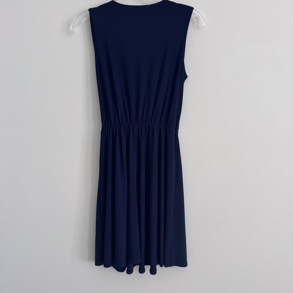Tahari Blue Wrap Dress S Sleeveless V Neck Tie Waist Made USA