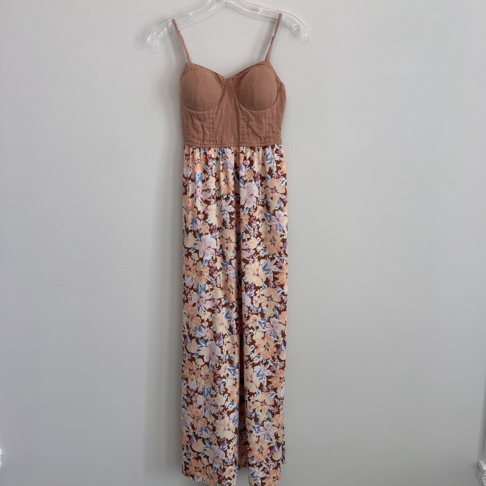 Band of the Free Floral Linen Maxi Dress Small Mauve Pink Smocked Corset Womens