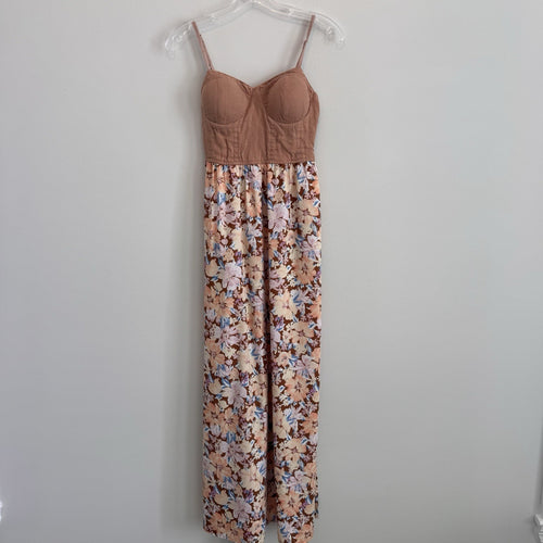 Band of the Free Floral Linen Maxi Dress Small Mauve Pink Smocked Corset Womens